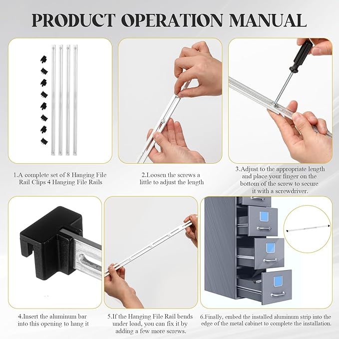 12 Pcs Metal Adjustable File Cabinet Rails Set Include 8 Hanging File Rail Clips 4 Cabinet Dividers Bars Suitable for Cabinets with Drawer Thickness Less Than 1/8 Inch(Silver,18-32.5 Inch)