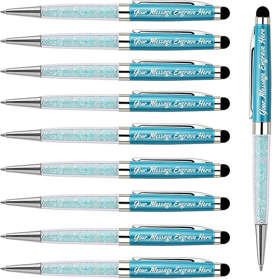 Ancolo Custom Ballpoint Pens Stylus Tip Blue Crystal-Custom personal pens School Writing Set- Engraved Name pens - with Your Team Name or Slogan/Phone number/Address- 10 Pens/Box