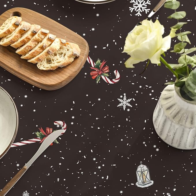 Horaldaily Christmas Tablecloth 90×90 Inch Round, Winter Snowman House Christmas Trees Black Washable Table Cover for Party Picnic Dinner Decor