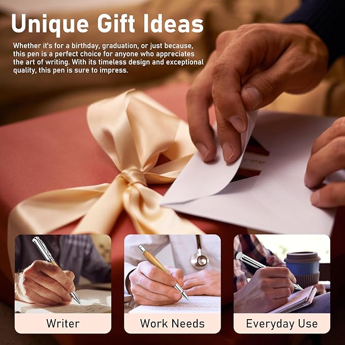 WEMATE Luxury Rollerball Pen Set, Extra 2 Ink Refills(1 Black & 1 Blue), Fancy Writing Pen Nice Office Gift for Men, Professional, Executive, Cool Wooden Pen for Journaling - Oak