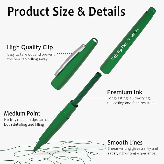 Lelix Felt Tip Pens, 30 Green Pack, 0.7mm Medium Point, Felt Tip Markers Pens for Journaling, Writing, Note Taking, Planner, Perfect for School Office and Art Supplies