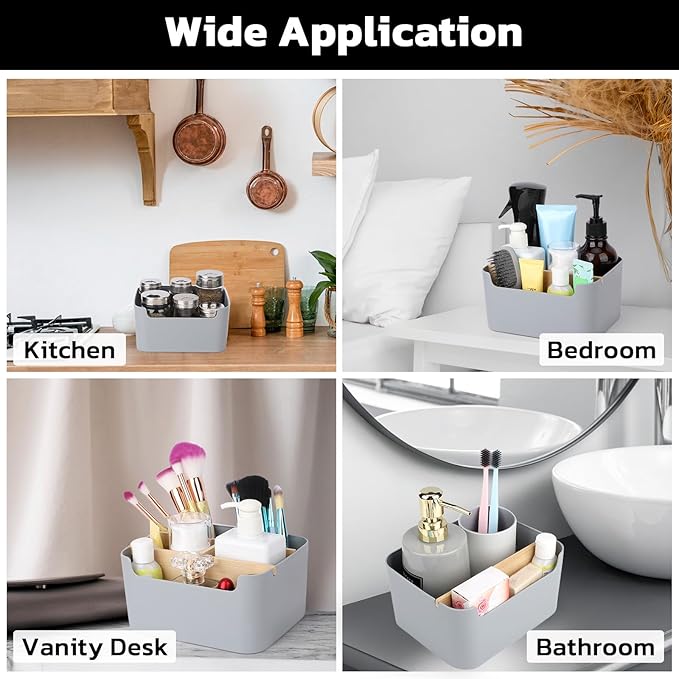 Segarty Gray Desk Storage Organizer, Detachable Divided Bamboo Remote Control Holder Caddy, Desktop Pen Pencil Holder Container Box for Office Supplies Home Bedside Table