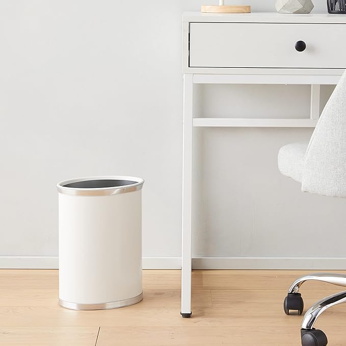 Kraftware Leatherette Wastebasket, 14", White with Brushed Chrome