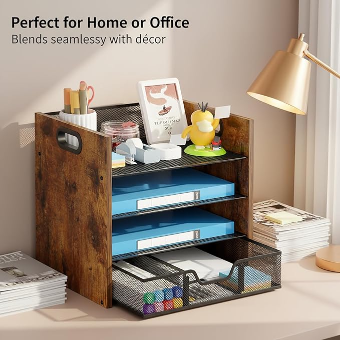 Wood Desk Organizer - 4-Tier Desktop File Organizer with Drawer, Wooden Paper Tray, Office Desk Organizer for Papers, Mail, Notebooks, Stationery