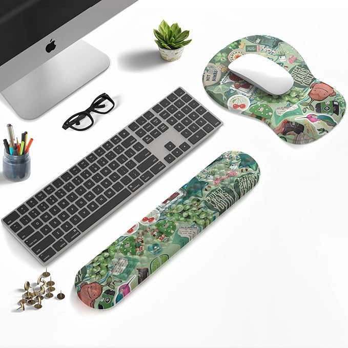 Mint Green Keyboard Wrist Rest Support Mouse Pad&Keyboard Set, Cute Green Ergonomic Mousepad Non-Slip Base Desk/Office Pain Relief&Easy Typing Pad with Neoprene Cloth&Raised Curved Memory Foam