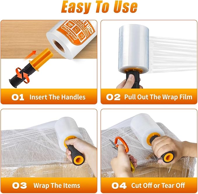BETU Plastic Wrap Stretch Film for Moving Supplies 5inch X 1000ft, Shrink Wrap Stretch Roll Industrial for Furniture Wrapping Shipping Pallet Moving Boxes Storage with Handles, 4 Pack, Clear