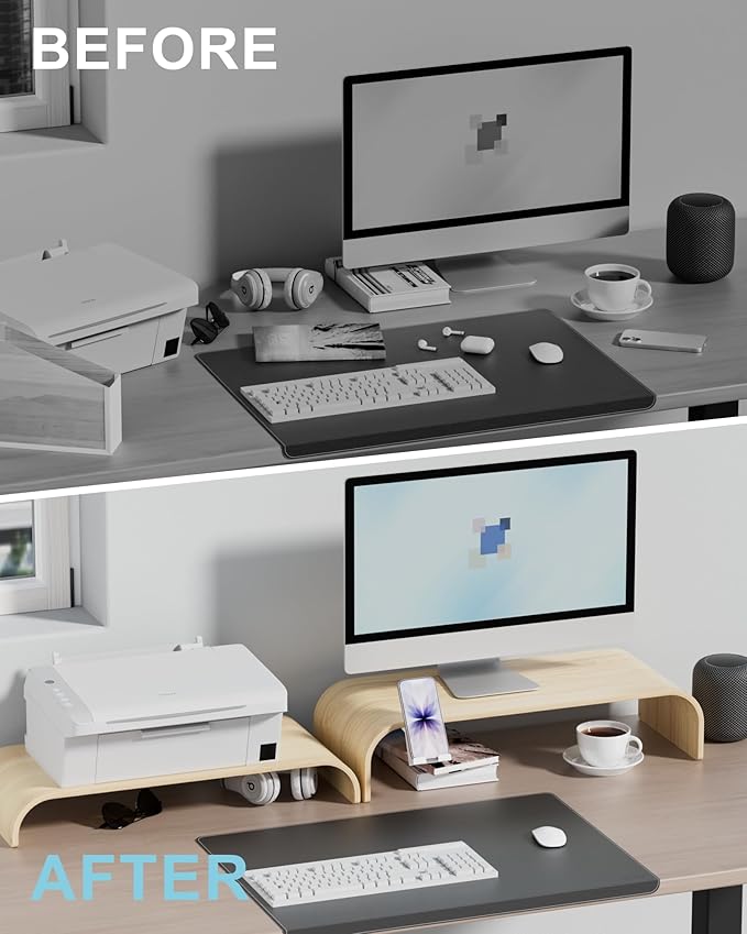 Solid Wood Dual Monitor Stand Riser 2 Tier, 24.1 Inch Desktop Organizer with Phone Holder, Ergonomic Computer Stand, Multifunctional Desk Shelf for Laptop, PC, Printer, Supports Up to 110lbs