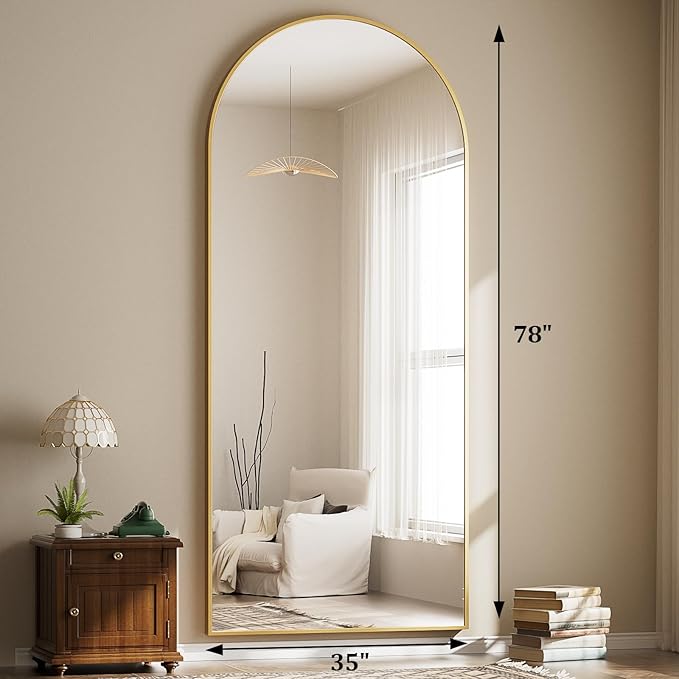 Oversized Full Body Mirror 35x78 inch Arched Full Length Mirror with Stand Aluminum Wall Mounted Hanging or Leaning Standing Mirrors,Gold