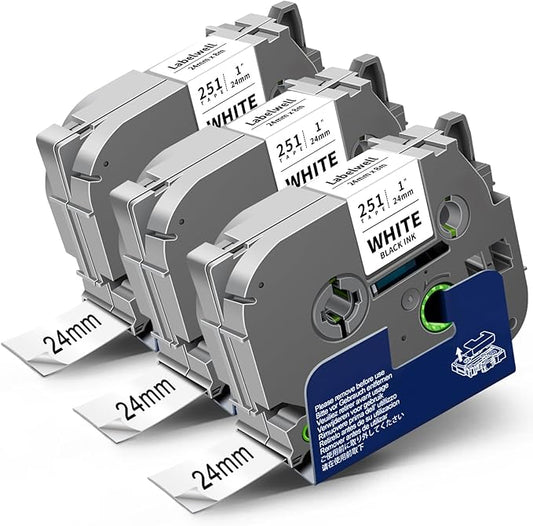 24mm .94 Laminated White TZ Tape Compatible with P Touch Label Tape 1 Inch TZe-251 TZe251 TZ251 Refills for Ptouch PT-D600 PT-D610BT PT-P710BT D400 (Black on White, 3-Pack)