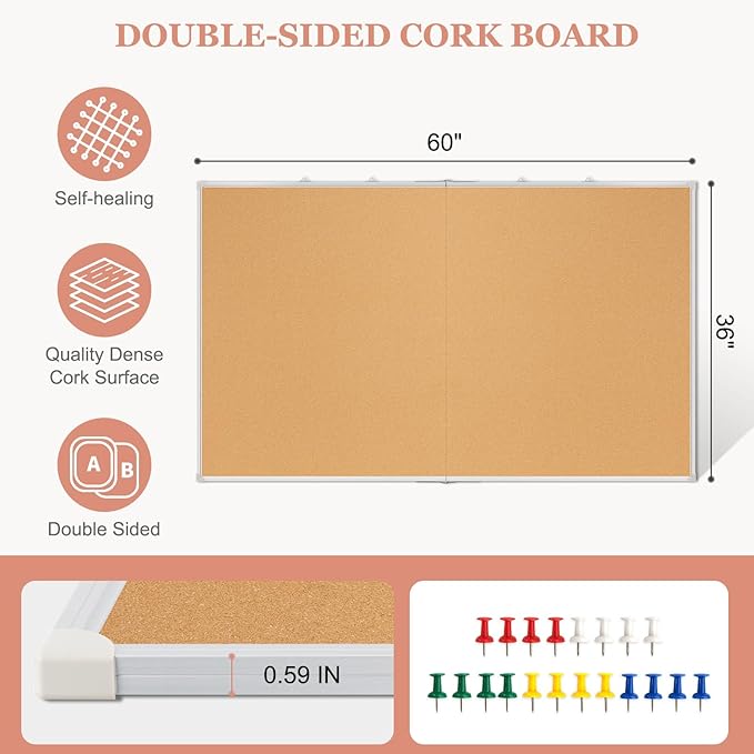 Double-Sided Large Cork Board, 60" x 36" Foldable Hanging Aluminum Framed Bulletin Board, Vision Board Pin Board Corkboards for Walls, Office, School Decor, 20 Pushpins