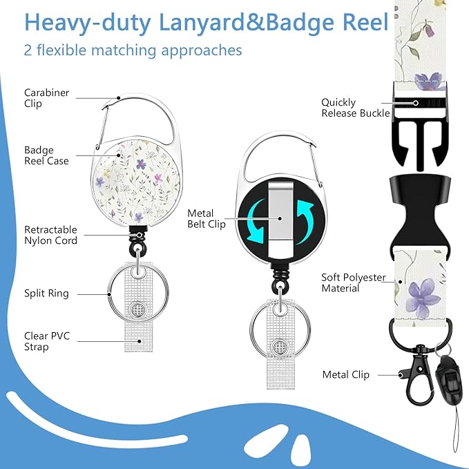 Flower Lanyards with Id Holder, ID Badge Holder with Retractable Lanyard, ID Holder with Badge Reel Clips, Name Tag ID Card Holder Teacher Women Doctor Office Gift