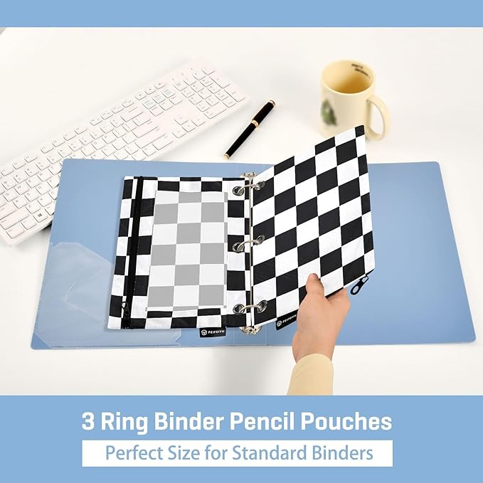 ALAZA Pencil Pouch for 3 Ring Binder, Black White Checkered Plaid Binder Pencil Pouches with Clear Window Zipper Pencil Case Cosmetic Bags for Office College Supplies, 2PCS