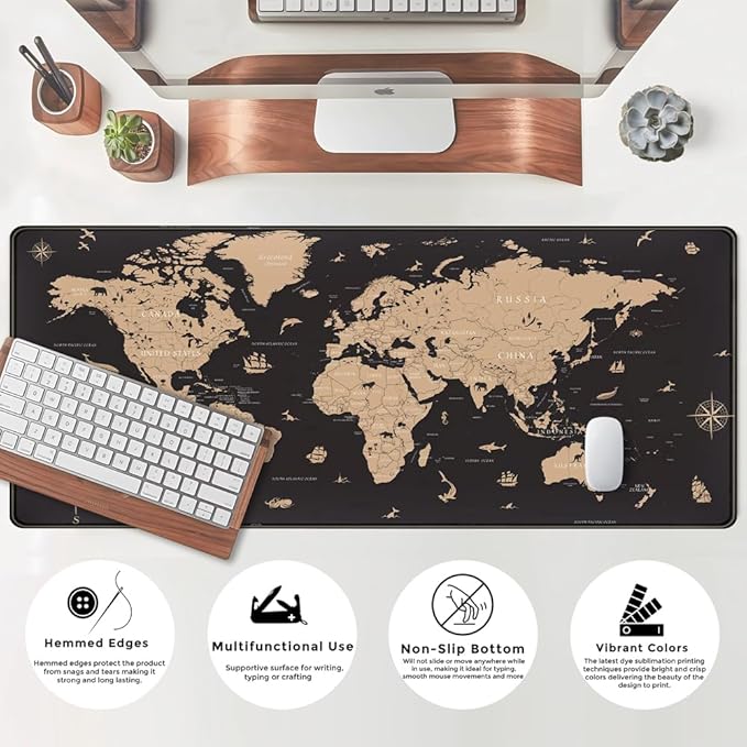 World Map Desk Mat Historical World Map Desk Pad Extra Large Computer Mouse Pad XL Black Topographic Mousepad Keyboard Pad for Desk Gaming Computer Laptop Office Non-Slip Desk Pad 31.5x11.8 in