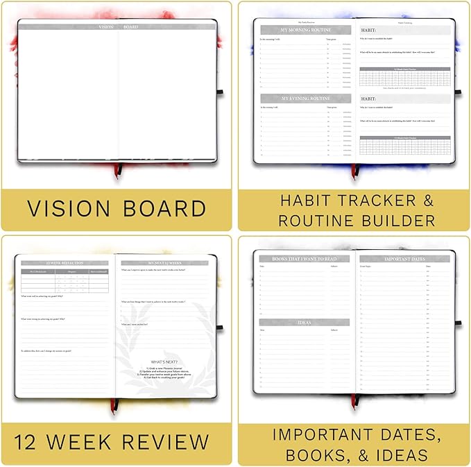 The Phoenix Journal - Best Daily Goal Planner, Organizer, & Calendar for Goal Setting, Gratitude, Happiness, & Productivity - Vision Board & Habit Tracking - 12 Weeks, Undated, Hardcover (Crimson)