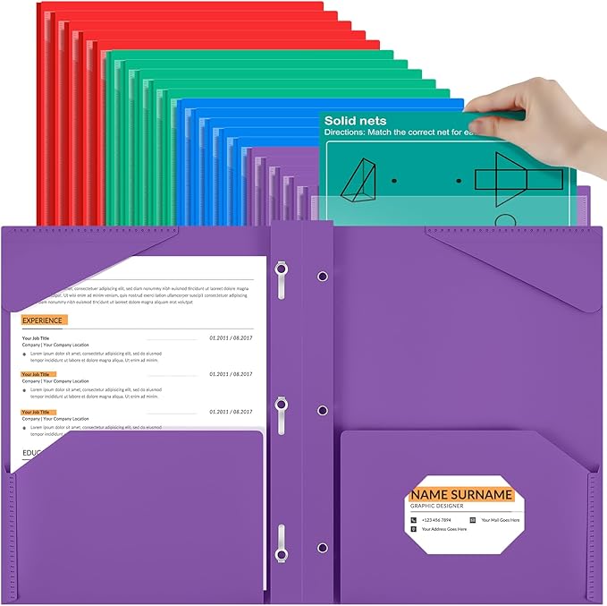 Henoyso 48 Pcs Plastic Folder with Clear Front Pocket and 3 Prongs Heavy Duty Plastic Folders with Card Slot Pocket Folders with Prongs for School Office Home(Multicolor)