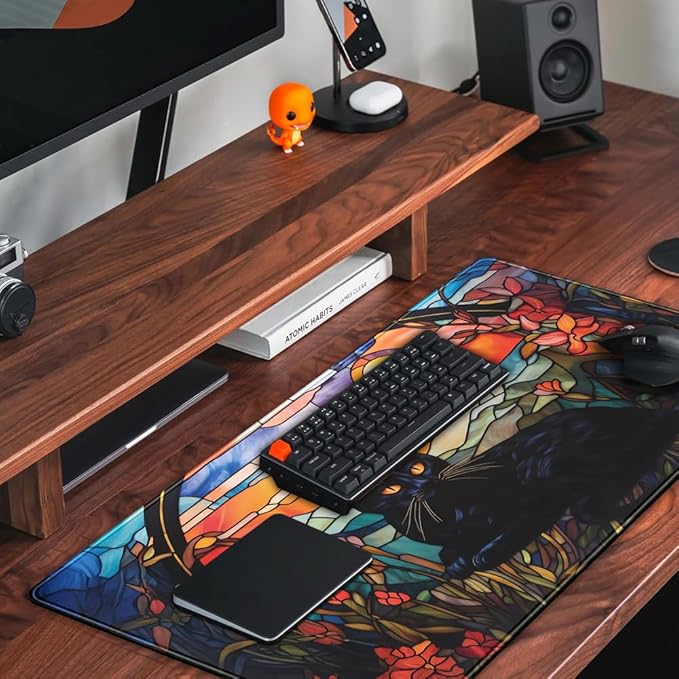 Black Cat Desk Mat Vintage Sunset Desk Mouse Keyboard Pad, XXL Large Mouse Pad Laptop Desk Mousepad with Stitched Edges, Keyboard Pad Mouse Mat for Work Game Office Desk Accessories 31.5x15.7 in