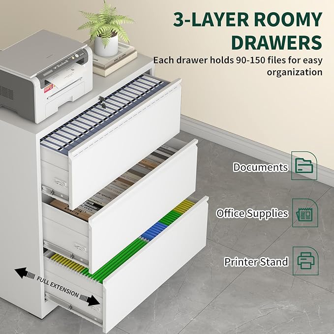 Lateral File Cabinet with Lock, 3 Drawer Metal File Cabinets for Home Office, Large Filing Storage Cabinet Printer Stand, Steel Wide File Cabinet for Legal/A4/F4/Letter Size Files, White