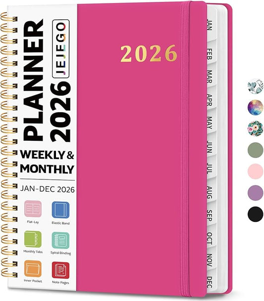 2026 Planner, Weekly and Monthly Calendar Planner Book, January 2026 - December 2026, Hardcover Spiral Planner with Monthly Tabs, Notes Pages, Perfect for Women & Men, A5 (6.4" x 8.5") - Hot Pink