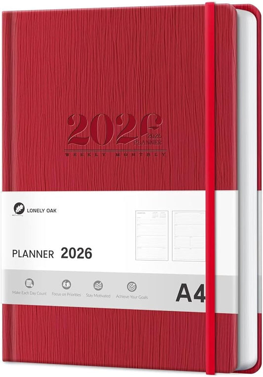 2026 Planner, Large Weekly and Monthly Planners, A4 Faux Leather Daily Calendar 2026 Planner, 12 Month Agenda from Jan. to Dec., Hardcover Habit Tracker Journal(Red)