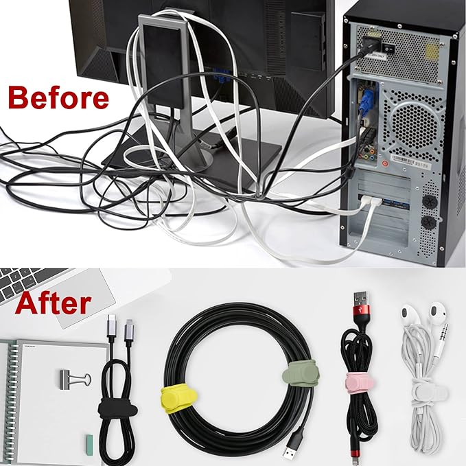 Nearockle 50Pcs Silicone Cable Ties Cord Organizer for Bundling Earphone, Phone Charger, Computer Cords, Reusable Cable Ties Wire Organizer in Home,Office,Kitchen,School (5 Colors)