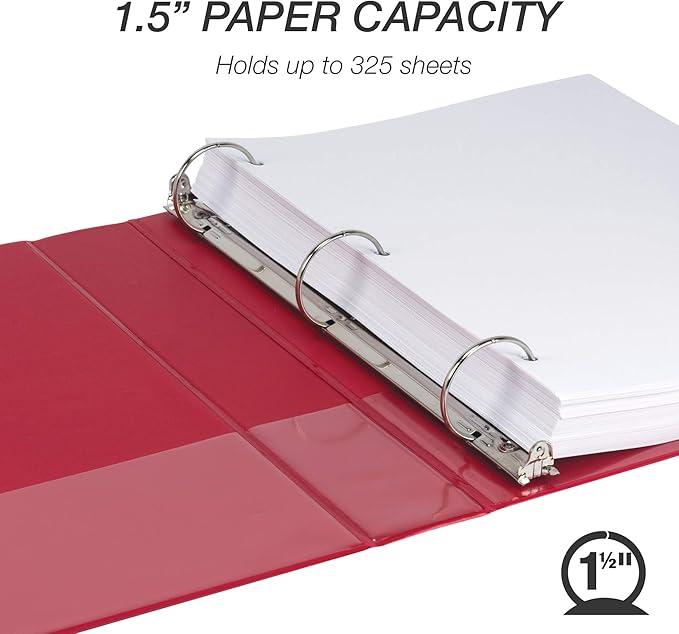 Samsill 1.5 Inch 3 Ring Binders, Made in USA, Economy Round Ring, Clear View Cover, 325 Sheet Capacity - for School, Home, Office - Red, 12 Pack