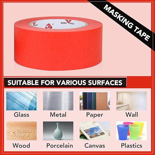 BOMEI PACK Red Painters Tape 2 inch Wide, Medium Adhesive Red Masking Tape Bulk Multi Pack, Residue-Free Wall Trim Tape, 2 inch x 55 Yards x 4 Rolls (220 Total Yards)