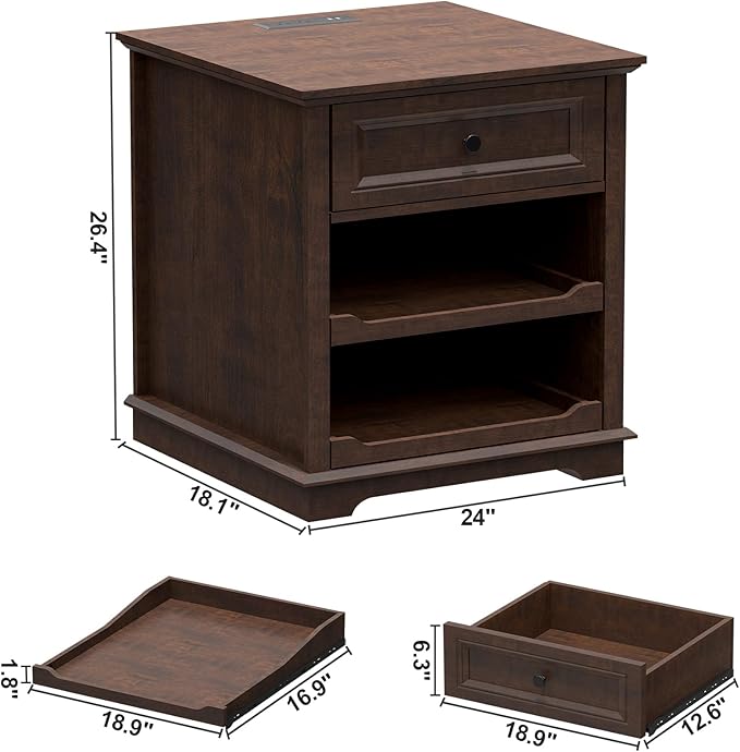 Lateral File Cabinet 3 Drawer File Cabinet with Charging Station, Wood Lateral Filing Cabinet, Printer Stand with Open Adjustable Storage Shelves for Home Office, Cherry