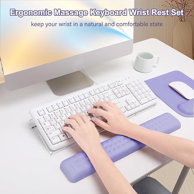 MOSISO Computer Keyboard Stand&Wrist Rest Support for Keyboard &Mouse Pad Set, Ergonomic Massage Wrist Rest Set, Easy Typing Working Acrylic Clear Stand for Office Home, Purple