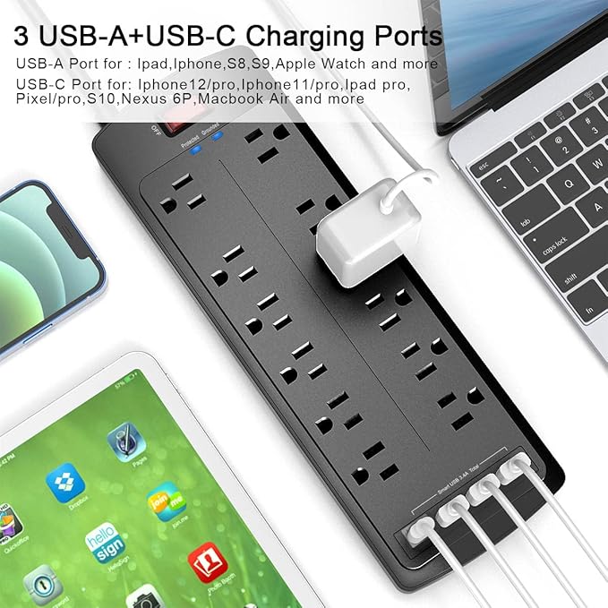 Power Strip, Nuetsa Surge Protector with 12 Outlets and 4 USB Ports, 6 Feet Flat Plug Extension Cord (1875W/15A) for for Home, Office, Dorm Essentials, 2700 Joules, ETL Listed (Black)