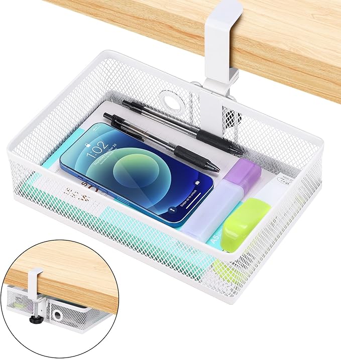 ROSYLINE Clamp On Desk Organizer - Under Desk Hanging Drawer with Storage Basket, Multi-Scene Mount Tray for Home Dorm Office (White)