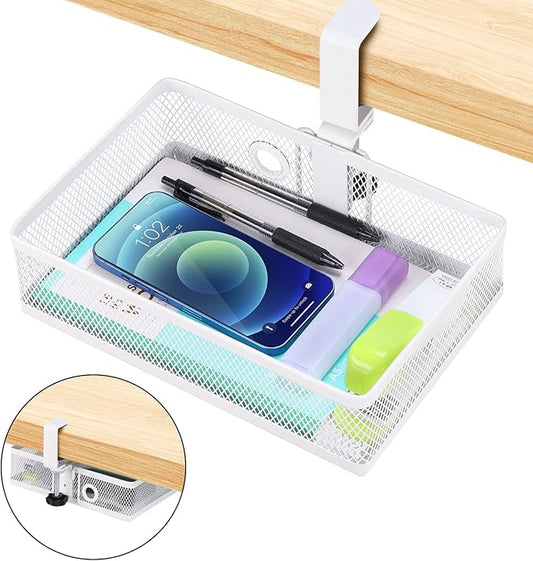 ROSYLINE Clamp On Desk Organizer - Under Desk Hanging Drawer with Storage Basket, Multi-Scene Mount Tray for Home Dorm Office (White)