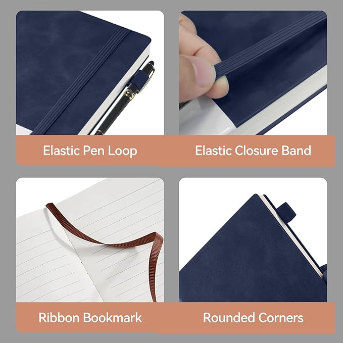 Lined Journal Notebook, 200 Pages, Leather Hardcover Notebooks, A5 College Ruled Thick Classic with Pen Loop Notebook Journals for Writing, for Women Men Office School, 5.75'' X 8.38'', Blue