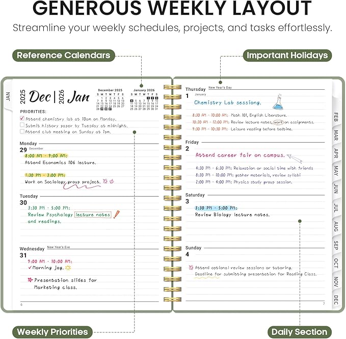 2026 Planner, Weekly and Monthly Calender Planner, Jan 2026 to Dec 2026, Hardcover 2026 Calendar Planner Book with Tabs & Inner Pocket, Office Home School Supplies for Women & Men - A4 (8.5" x 11"), Green