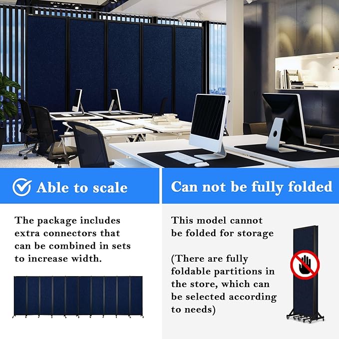 Upgrade Version Room Partition and Divider, Freestanding Rolling Dividers with Wheels,Office Privacy Screen Divider Wall,Classroom Felt Dividers,10'6"L* 6'7"H,5 Panel,Blue