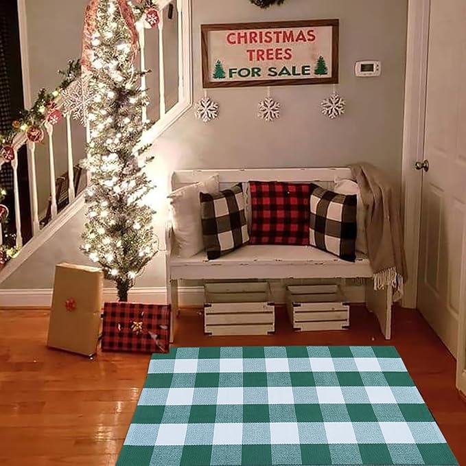 Green & White Plaid Rug, 2'4" x 3'7" Check Indoor/Outdoor Area Rug, Hello/Welcome Door Mat Layering Rug, Machine Washable Cotton Woven Mat for Farmhouse Front Porch, Entryway