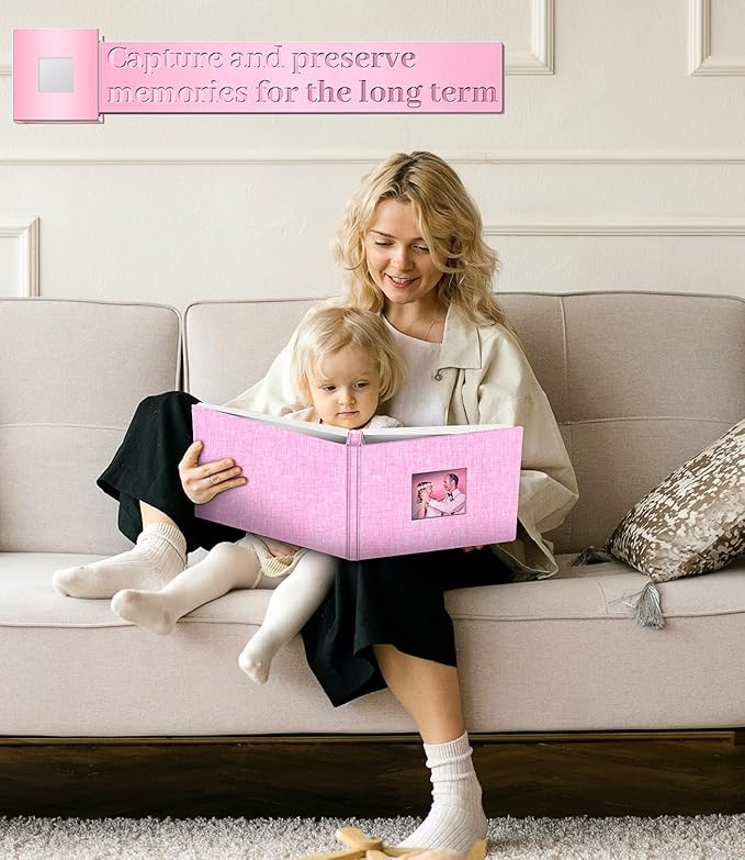 Photo Album Self Adhesive Scrapbook Album for 3x5 4x6 5x7 8x10 Pictures,60 Pages Linen Cover with Display Window DIY Photo Book,Ideal Gifts for Family Travel Wedding Baby