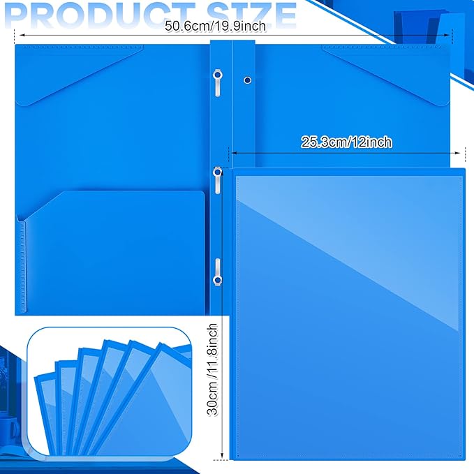 Henoyso 36 Pcs Plastic Folder with Clear Front Pocket and 3 Prong Plastic Folders with Card Slot Pocket Folders with Prongs for School Office (Blue)