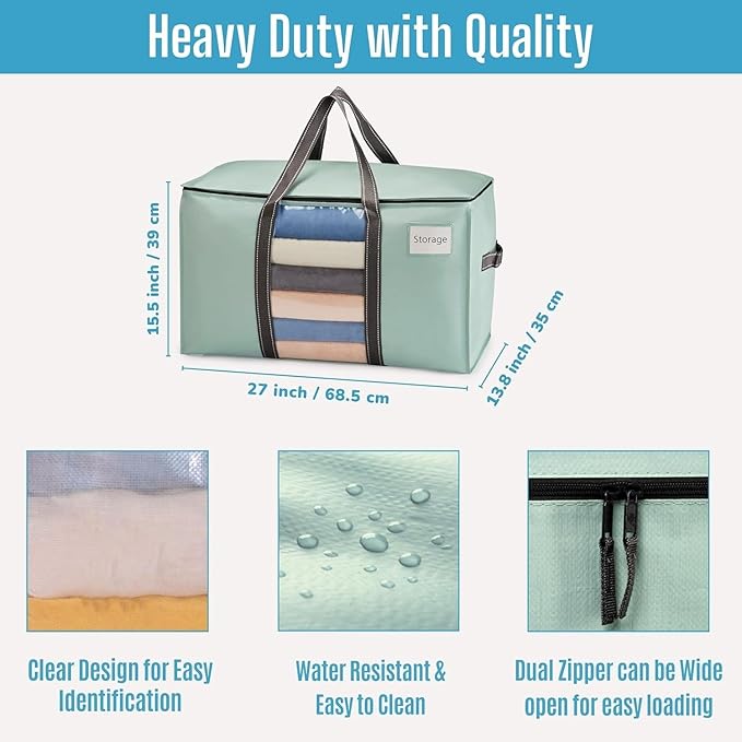 VENO 2 Pack Moving Bags, Moving Supplies, Moving Boxes, College Packing Storage Boxes with Lids Alternative, Heavy Duty Totes, Extra Large, Sturdy Handles, Zipper (Light Green with Window, 2 Pack)