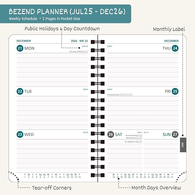 BEZEND Pocket Planner 2025-2026 Weekly and Monthly, 3.5" x 6" Academic Planner (Jul 25-Dec 26) 18-Month Mid-Year Calendar Book, Storage Pocket, Pen Holder, PU Leather Softcover, Spiral - Turquoise