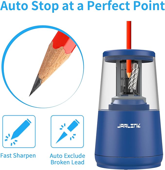 JARLINK Electric Pencil Sharpener, Heavy-Duty Helical Blade to Fast Sharpen, Auto Stop for No.2/Colored Pencils(6-8mm), AC Adapter/Battery Operated in School Classroom/Office/Home (Blue)