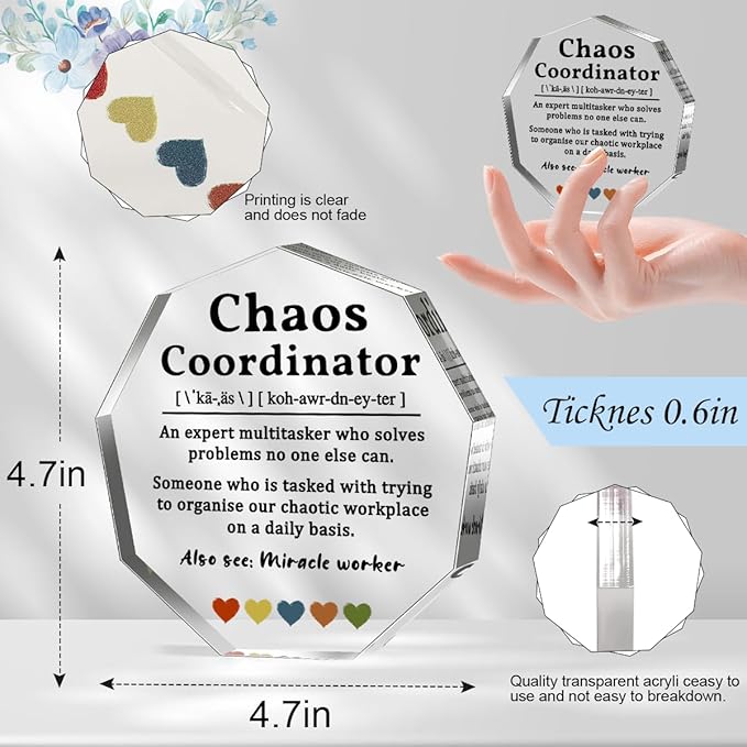 Thank You Gifts for Chaos Coordinator Birthday Gifts Office Staff Appreciation Gifts for Boss Lady Coworker Manager Coach Nurse Mom Wedding Planner Secretary Teacher Acrylic Decorative Signs Plaques