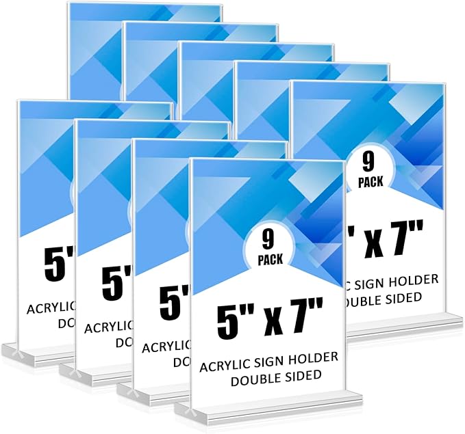 9 Pack Acrylic Sign Holder, 5 x 7 Double-Sided Acrylic Stands, Clear Display Stand, Table Top Sign Paper Holders, Vertical Menu Holder for Restaurant Office Store Home Party
