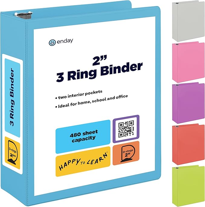 2 Inch 3 Ring Binder 2” Blue, Slant D-Ring 2 in Binder Clear View Cover with 2 Inside Pockets, Heavy Duty Colored School Supplies Office and Home Binders – by Enday