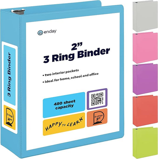 2 Inch 3 Ring Binder 2” Blue, Slant D-Ring 2 in Binder Clear View Cover with 2 Inside Pockets, Heavy Duty Colored School Supplies Office and Home Binders – by Enday