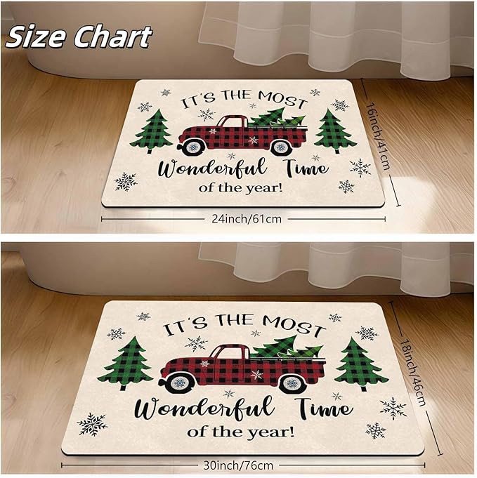Merry Christmas Buffalo Plaid Truck Doormat Welcome Tree Mat Non Slip Holiday Xmas Front Door Mat for Entrance Indoor Home Bathroom Floor Decoration, 18" x 30"Inch