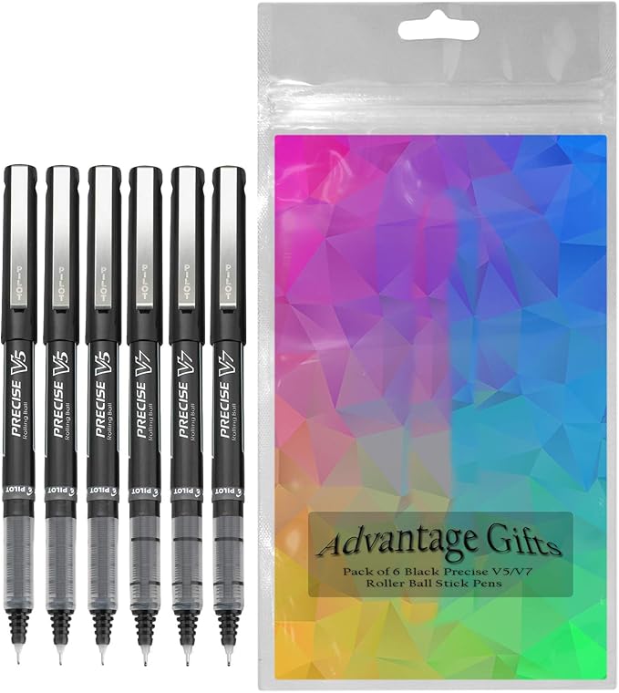 Precise V5/V7 Stick Rolling Ball Pens, Fine and Extra Fine Point, Assorted Points Black Ink, 6-pk; Bundle with Plastic Reusable Pouch