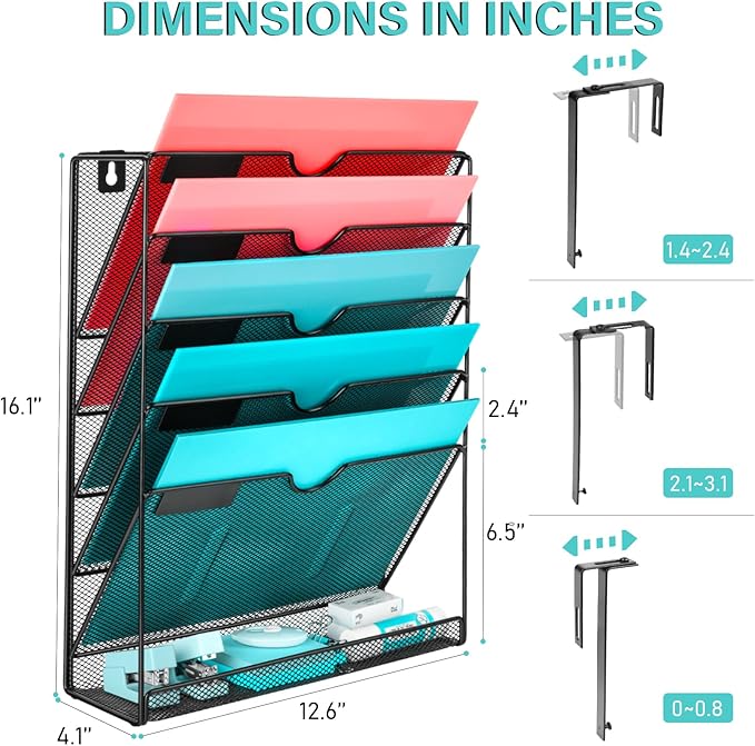 GALASALA Wall File Organizer, 6 Pockets Mesh Hanging File Organizer, Wall Mount File Holder With Hooks, Wall Organizer Magazine Rack for Office Supplies, Black