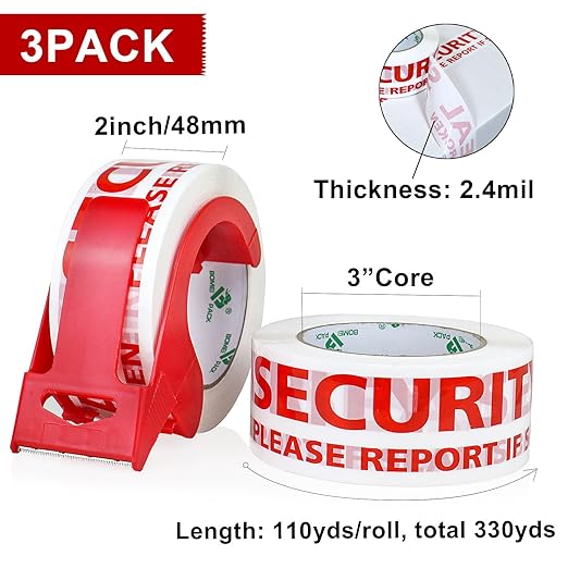 BOMEI PACK Security Seal Tape, Please Report if Seal is Broken Printing Packing Tape with Dispenser, 2.4mil 2inch x 110yds, 3Rolls Heavy Duty Fragile Tape Refills for Shipping, Moving and Sealing