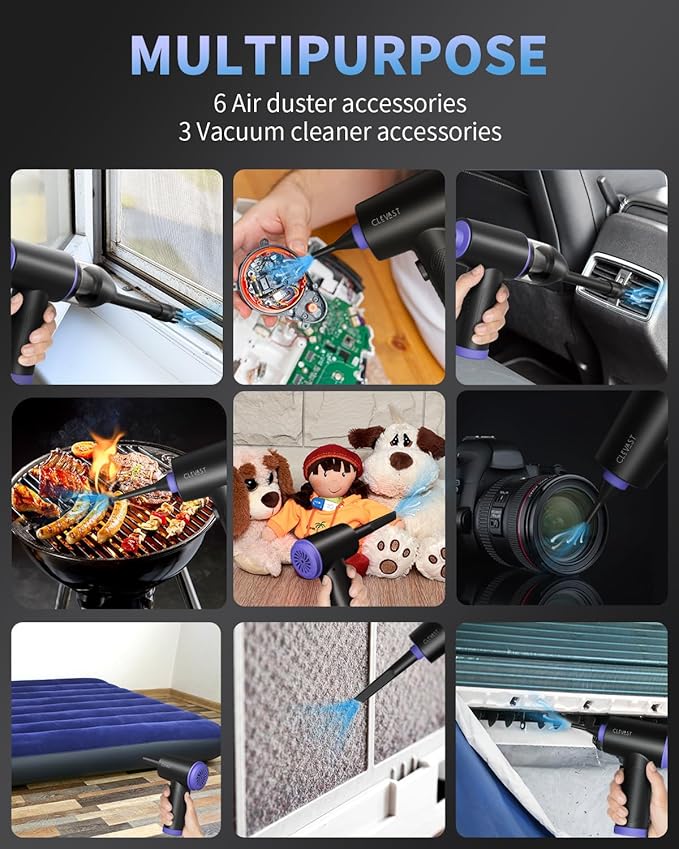 CLEVAST Compressed Air Duster - 3 Gear 110000RPM Electric Air Duster, 3 in 1 Versatile with LED - Cordless Dust Blower & Mini Vacuum & Inflating for PC, Computer, Keyboard, Rechargeable Canned Air