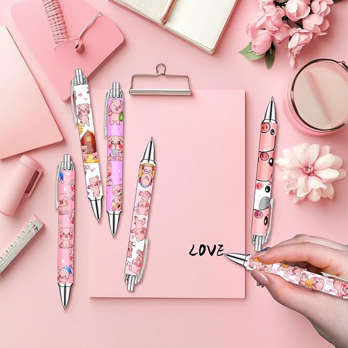 Idealmuzik Pink Pig Pens Set – Cute Piggy Gel Pens for Kids, Teens, and Animal Lovers – Fun Writing Stationery Gift for School, Office, or Journaling – Thanksgiving Christmas New Year Gifts, 6 Pack